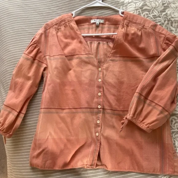 Madewell peach orange plaid button front blouse - Picture 3 of 5
